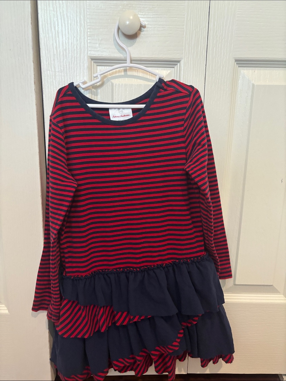 Hanna Andersson Red & Navy Striped Ruffle Long Sleeve Dress